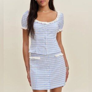 NEW Reformation Janell Two Piece Set Crystal Check Light Blue White | US 2 UK 6